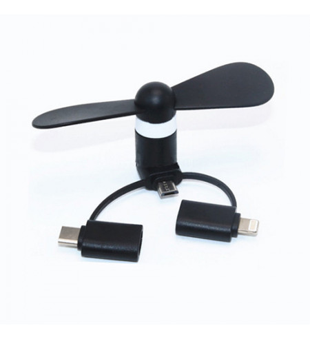 Ventilátor 3v1, USB C, Micro USB, lightning, čierny
