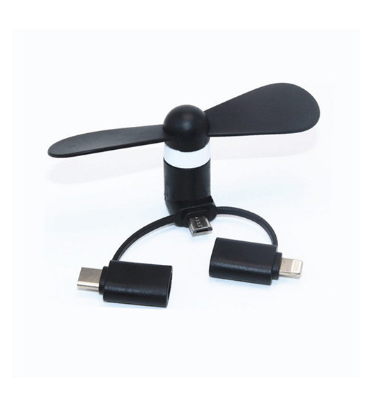 Ventilátor 3v1, USB C, Micro USB, lightning, čierny