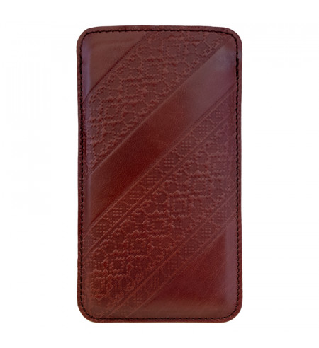 Leather Pouch Case with Pull Tab Slovak folk motif Myjava size L