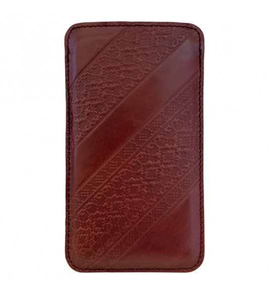 Leather Pouch Case with Pull Tab Slovak folk motif Myjava size L