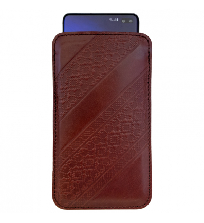 Leather Pouch Case with Pull Tab Slovak folk motif Myjava size L 2