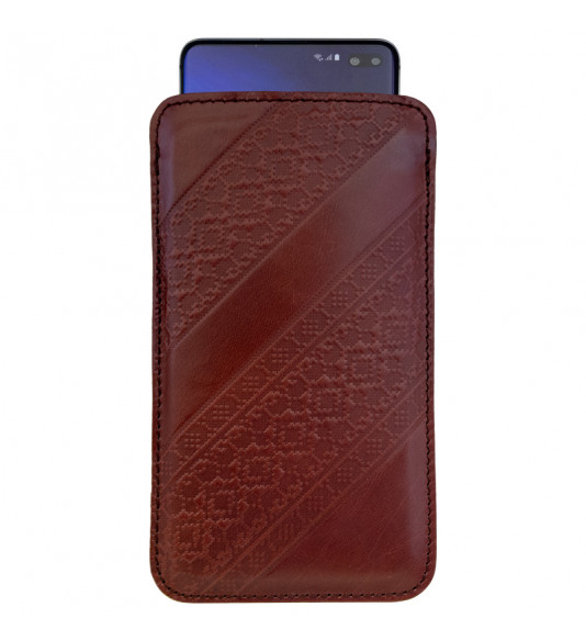 Leather Pouch Case with Pull Tab Slovak folk motif Myjava size L